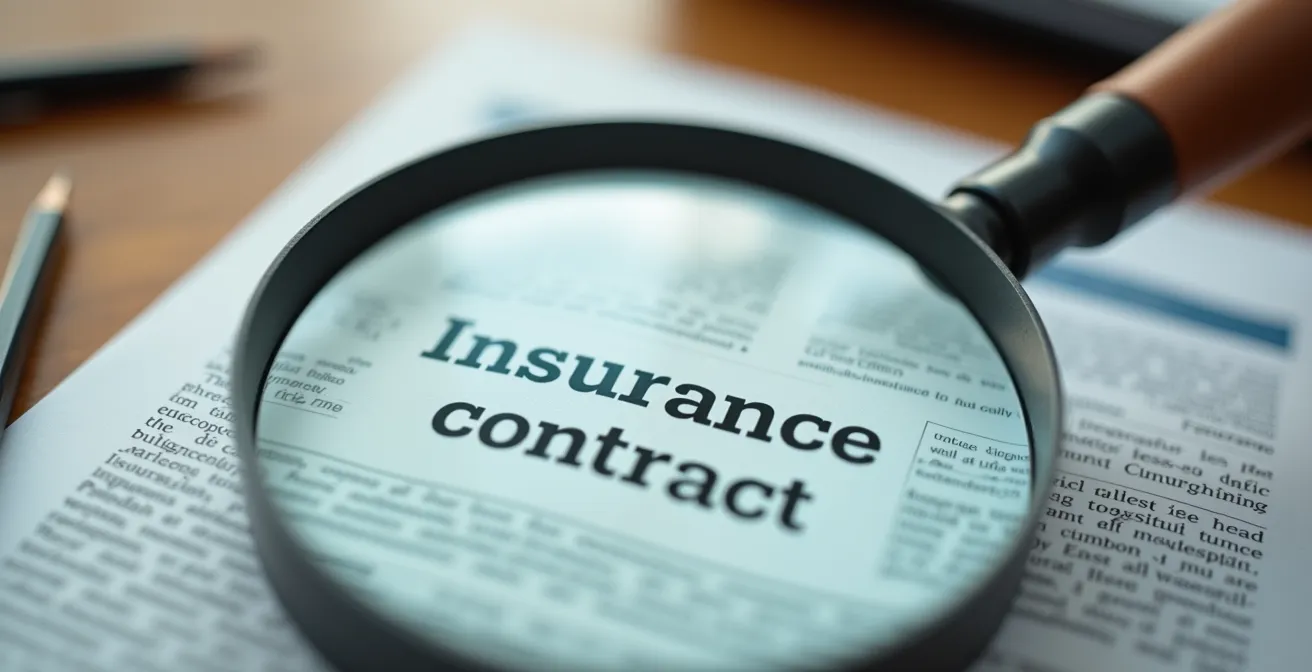 Examen minutieux d'un contrat d'assurance avec une loupe grossissante sur bureau en bois