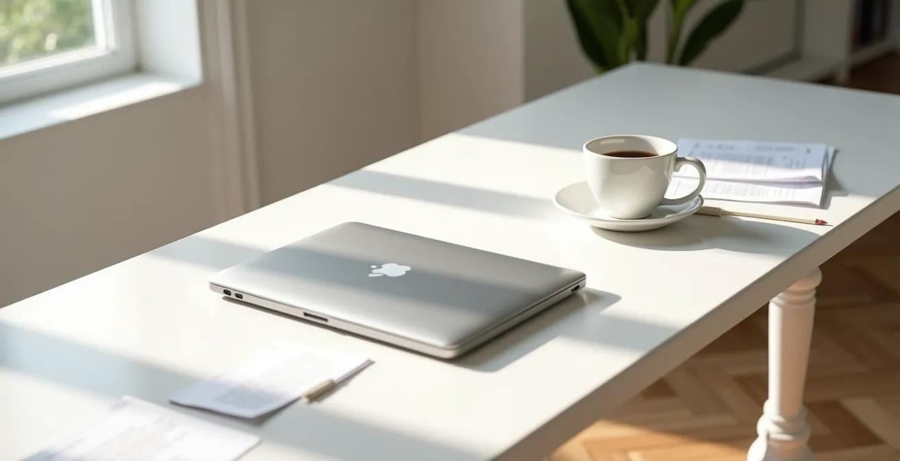 Vue aérienne minimaliste d'un bureau avec ordinateur portable et documents