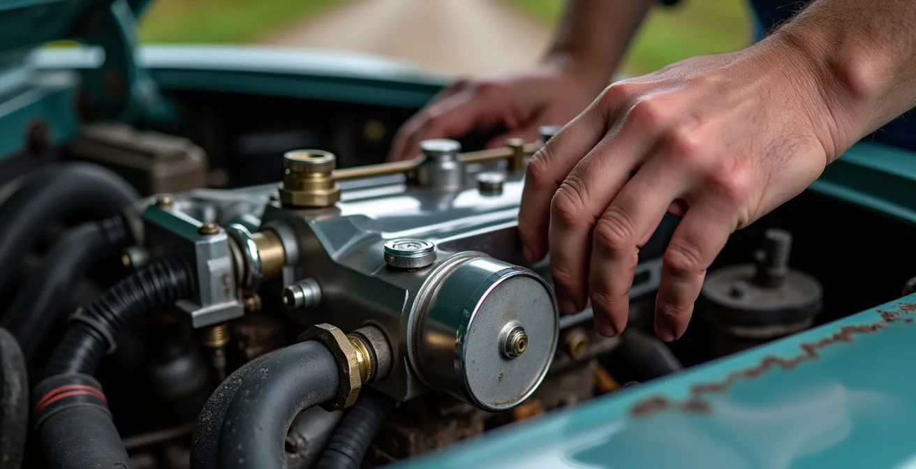 Gros plan sur le capot ouvert d'une voiture ancienne avec des mains de mécanicien inspectant le moteur en bord de route française