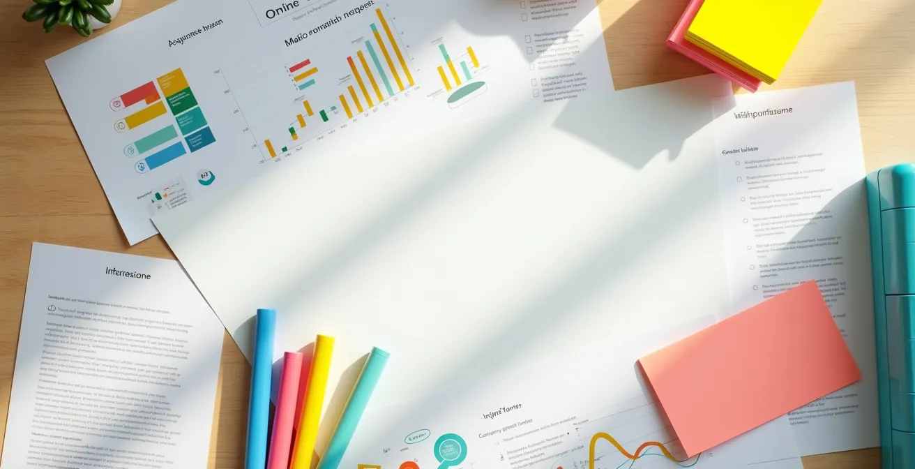 Vue aérienne de documents d'assurance disposés sur un bureau avec des surligneurs