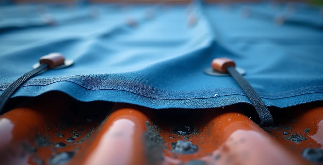 Professionnel installant une bâche de protection sur toiture endommagée après tempête