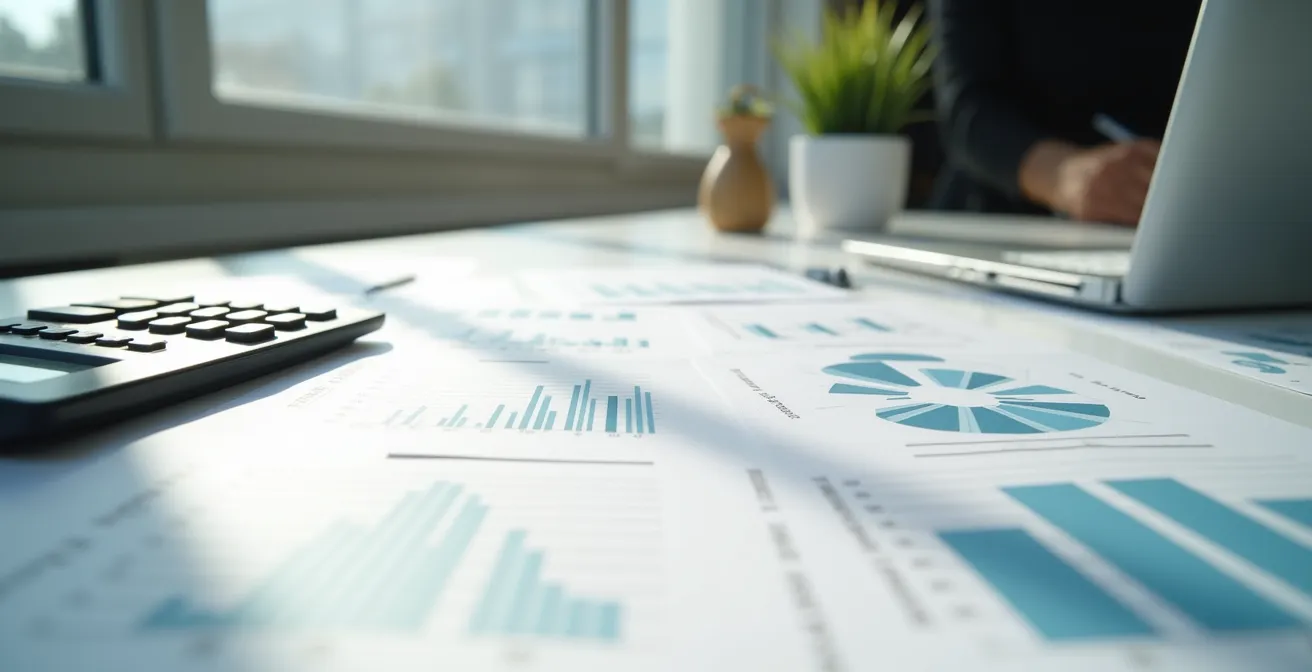 Bureau minimaliste avec documents financiers abstraits et calculatrice professionnelle en lumière naturelle