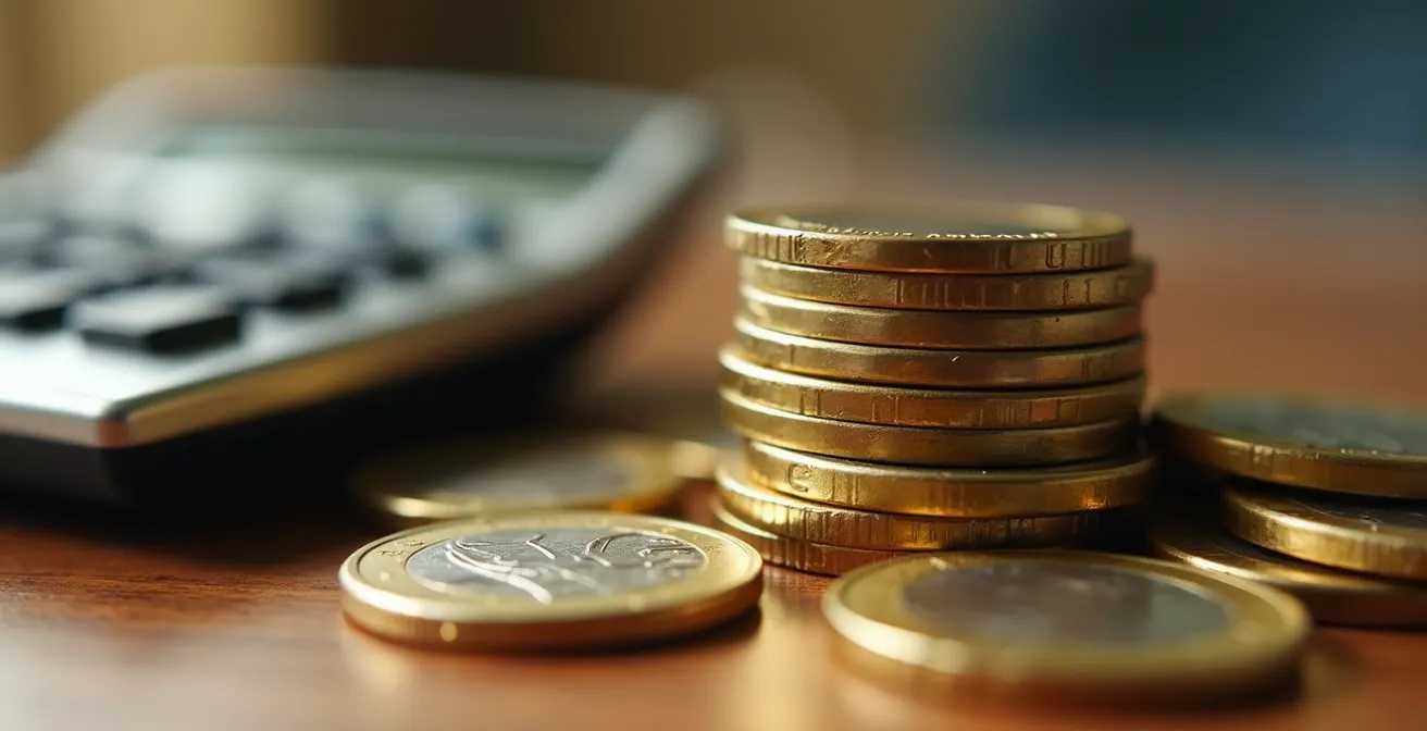 Vue macro de pièces de monnaie et calculatrice avec reflets dorés sur bureau