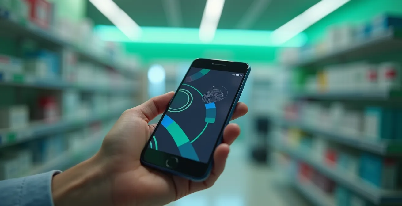 Main tenant un smartphone montrant l'application France Identité avec carte vitale dématérialisée