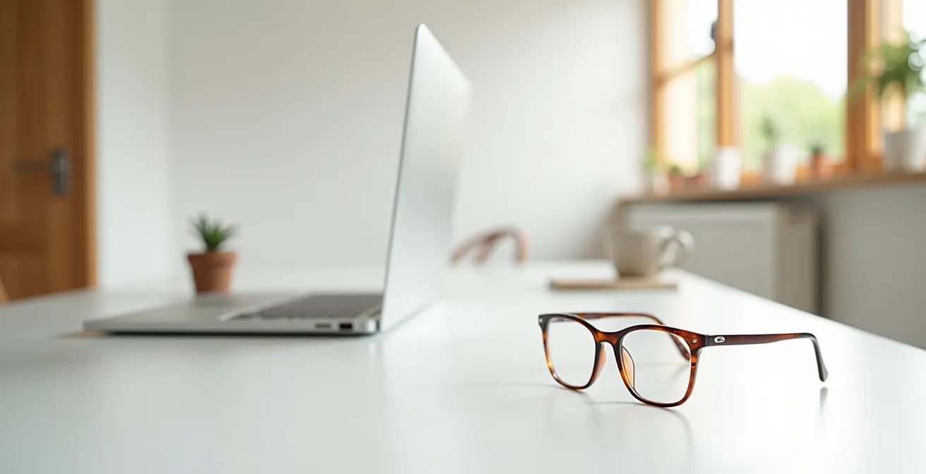 Vue minimaliste d'un espace moderne avec ordinateur et lunettes, évoquant l'achat en ligne