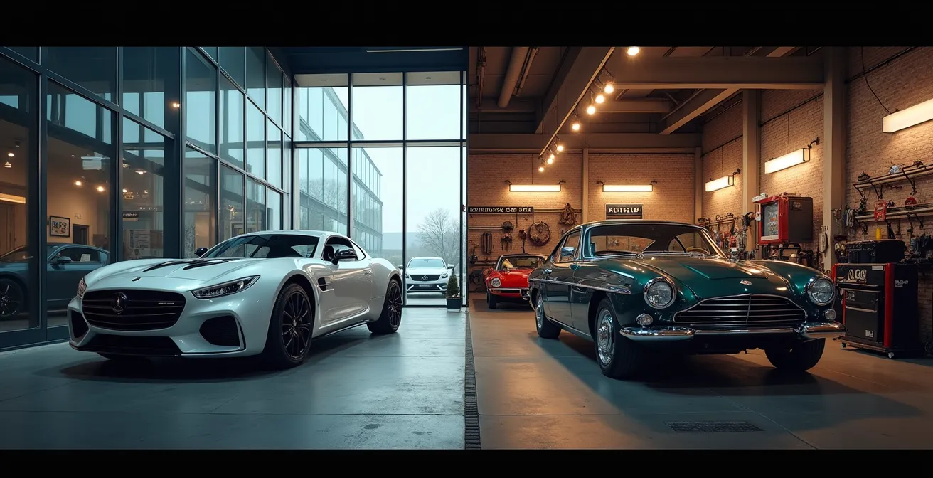 Tableau comparatif stylisé montrant deux parcours d'assistance automobile avec symboles visuels