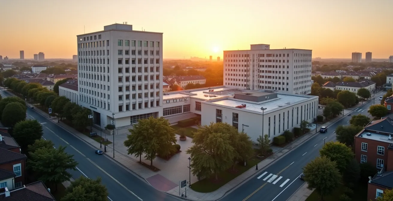 Vue aérienne montrant un hôpital public et une clinique privée côte à côte en France