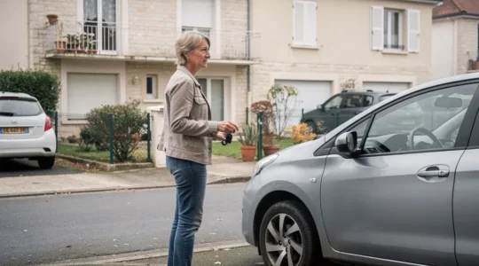 Conductrice française évaluant son véhicule compact dans une allée résidentielle pour choisir ses garanties auto