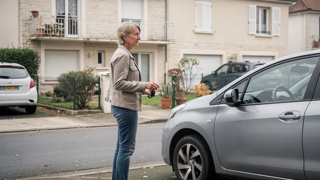 Conductrice française évaluant son véhicule compact dans une allée résidentielle pour choisir ses garanties auto