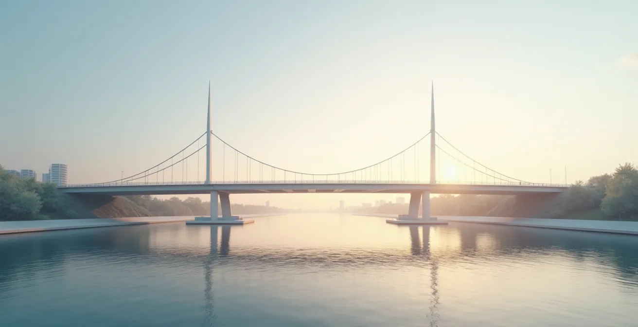 Pont architectural moderne symbolisant la transition continue entre deux rives