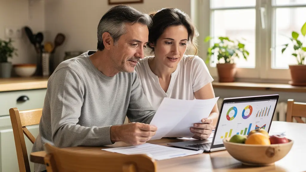 Couple français analysant ensemble le budget assurance auto sur leur ordinateur portable
