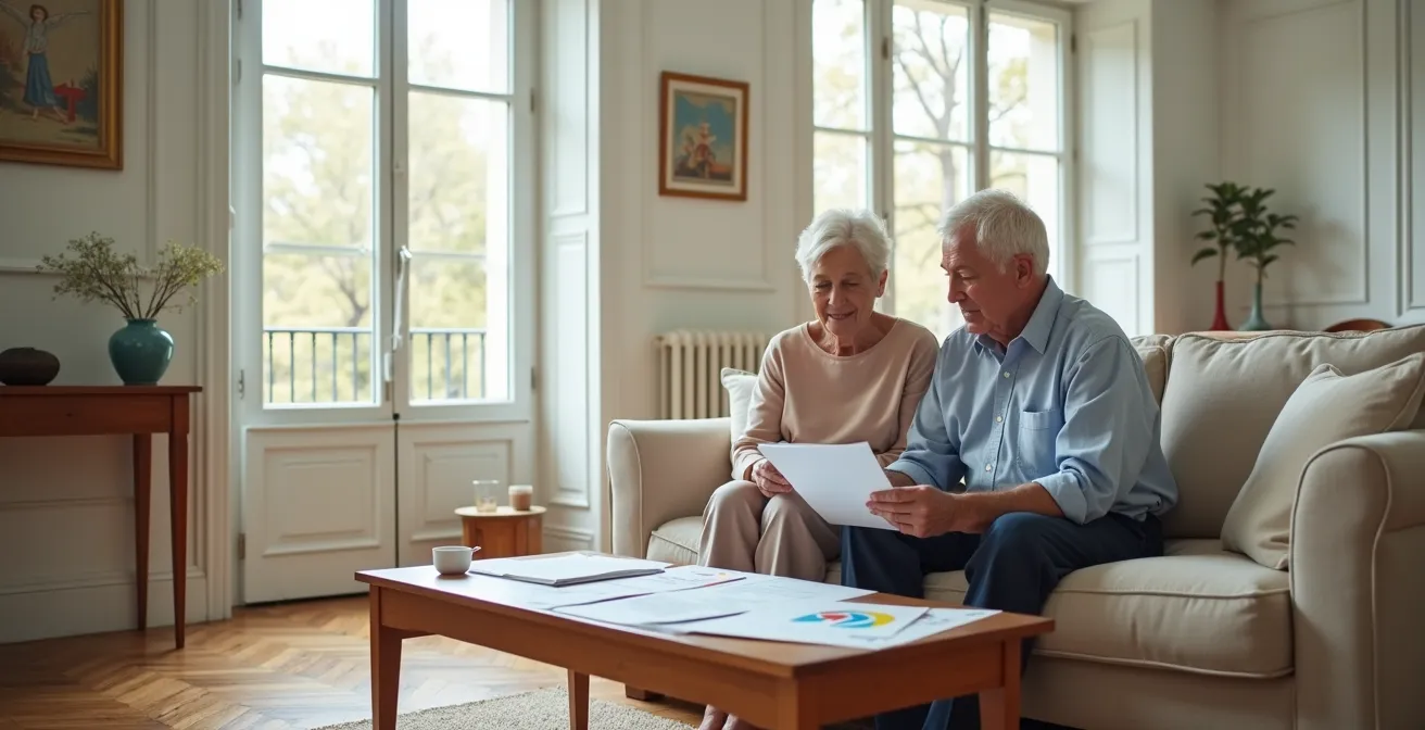 Couple de seniors examinant des documents de mutuelle dans leur salon