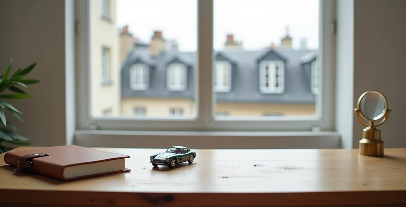 Intérieur épuré d'un bureau de courtier en assurances avec une maquette de voiture ancienne posée sur le bureau