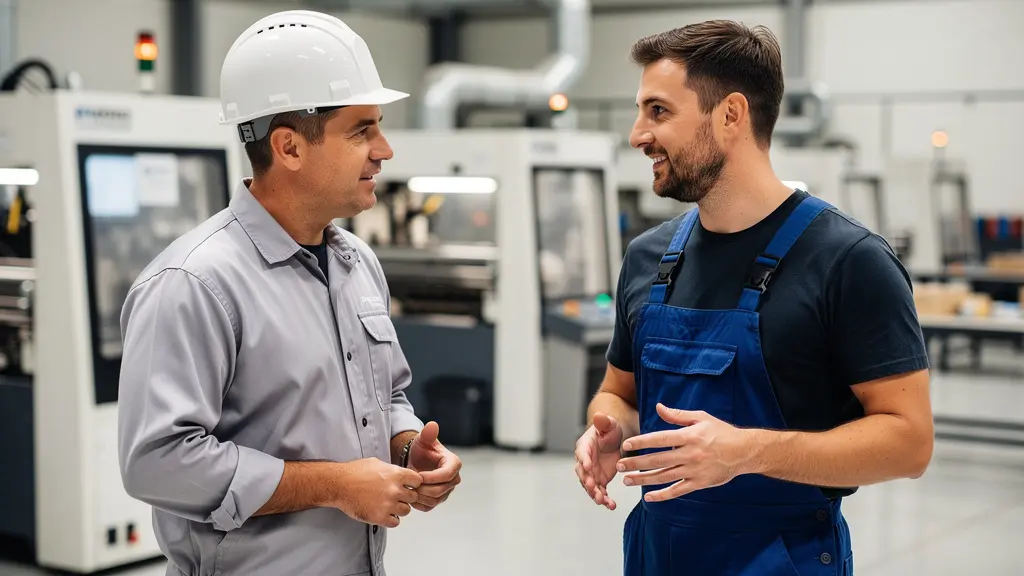 Échange informel entre responsable QSE et opérateur dans un atelier de production