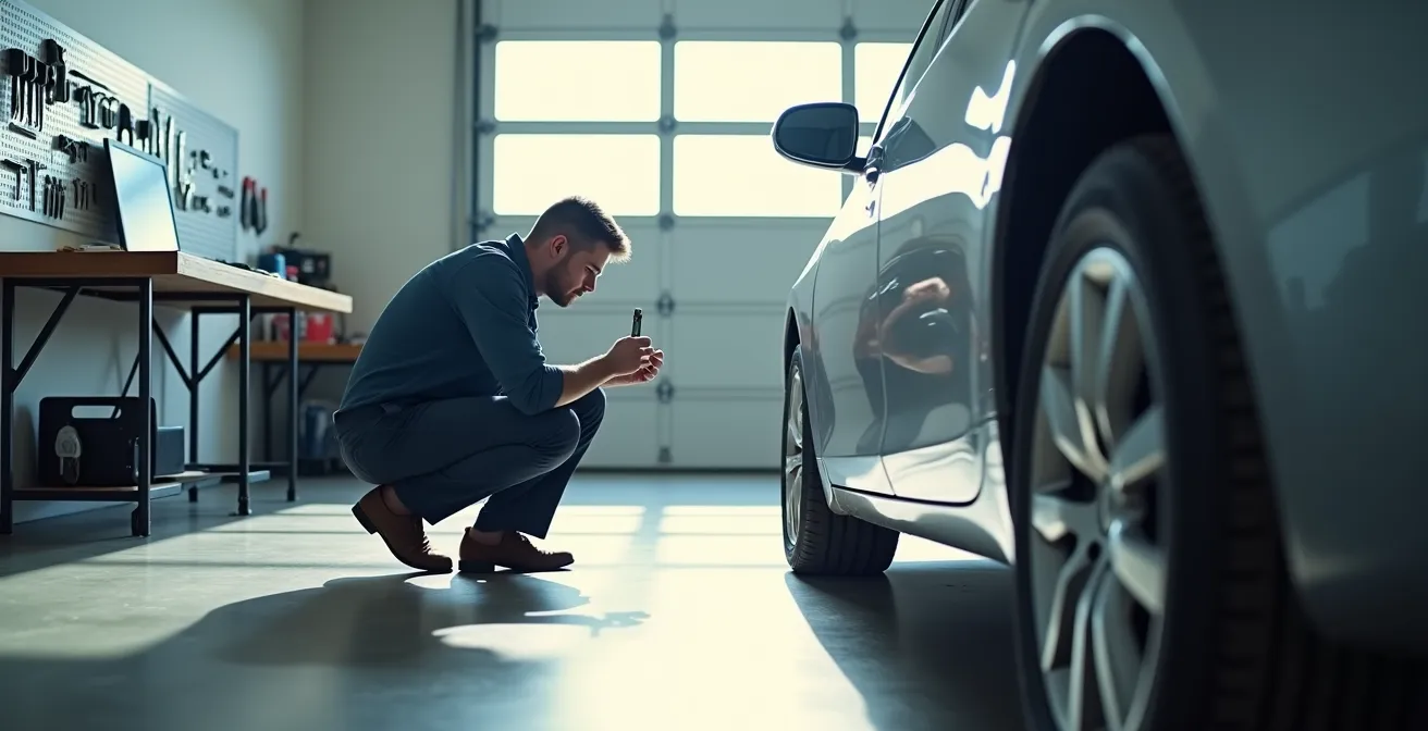 Expert automobile inspectant méticuleusement un véhicule dans un garage professionnel pour évaluation