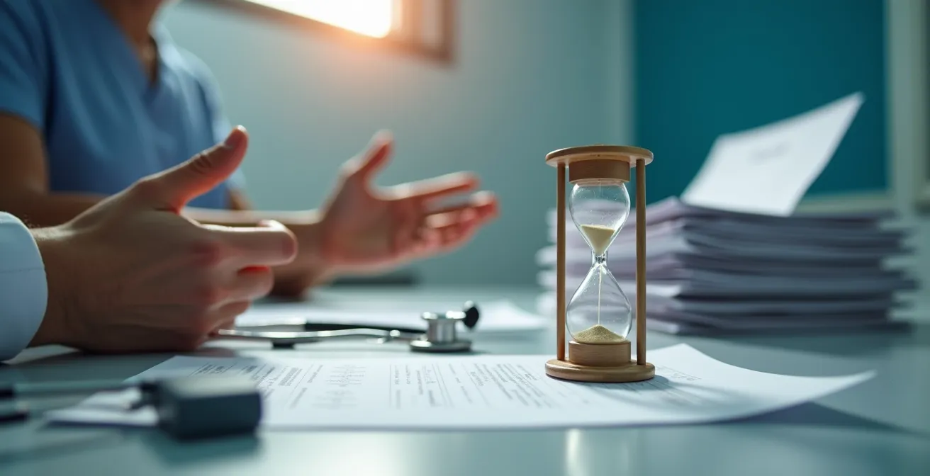 Médecin examinant une victime avec documents médicaux lors d'une expertise de consolidation