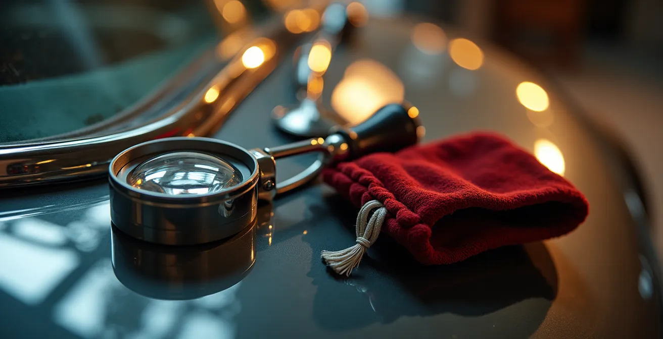 Gros plan sur des outils d'expertise posés à côté d'un capot poli de voiture ancienne, évoquant l'évaluation patrimoniale