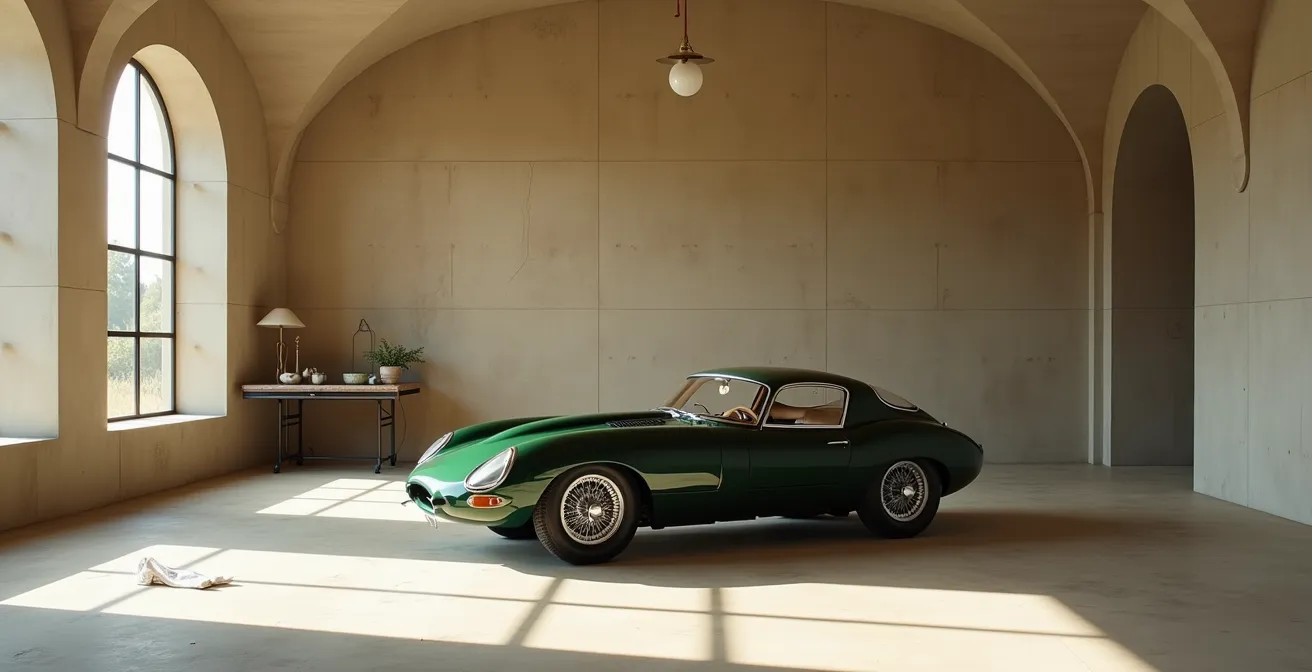 Lumière tamisée sur une voiture de collection dans un environnement minimaliste de garage privé aux murs en pierre