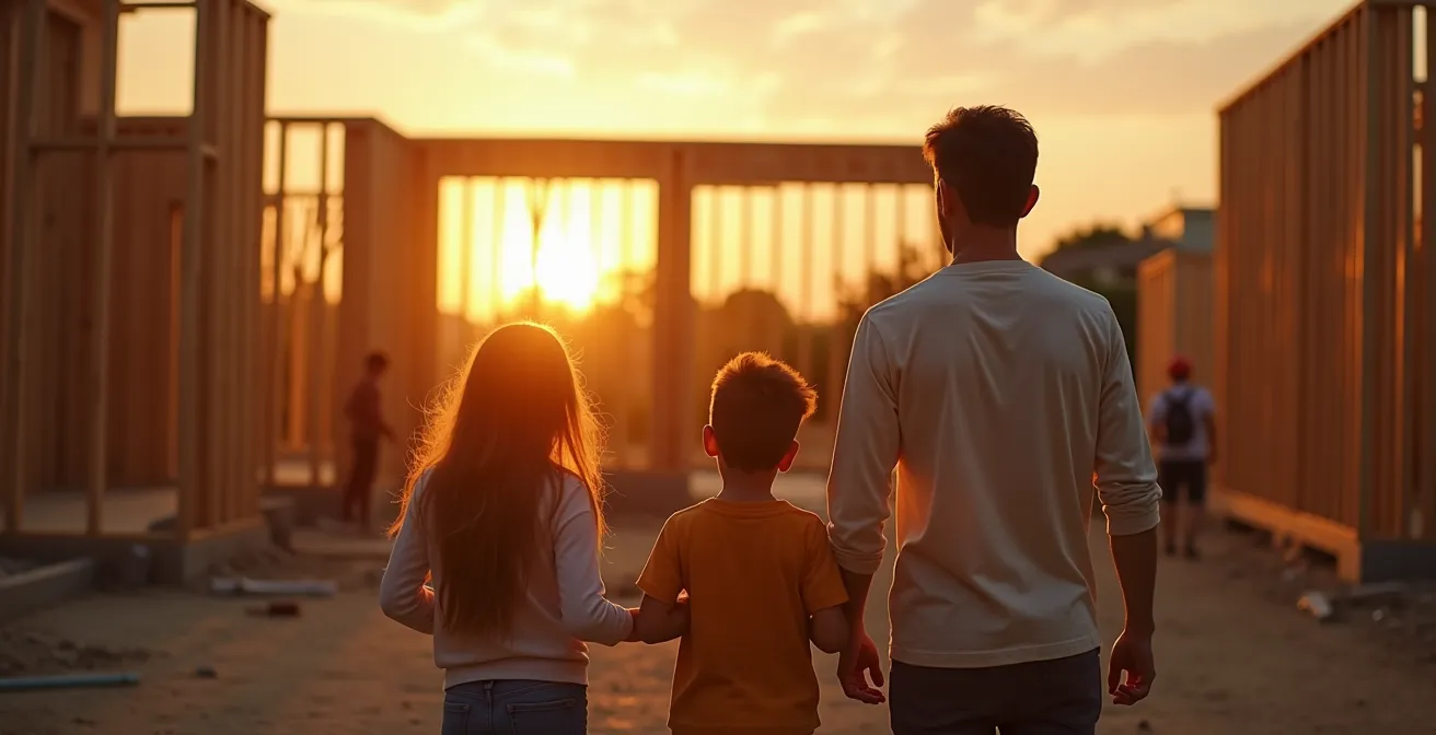 Famille observant leur maison en reconstruction après un sinistre, vue de dos