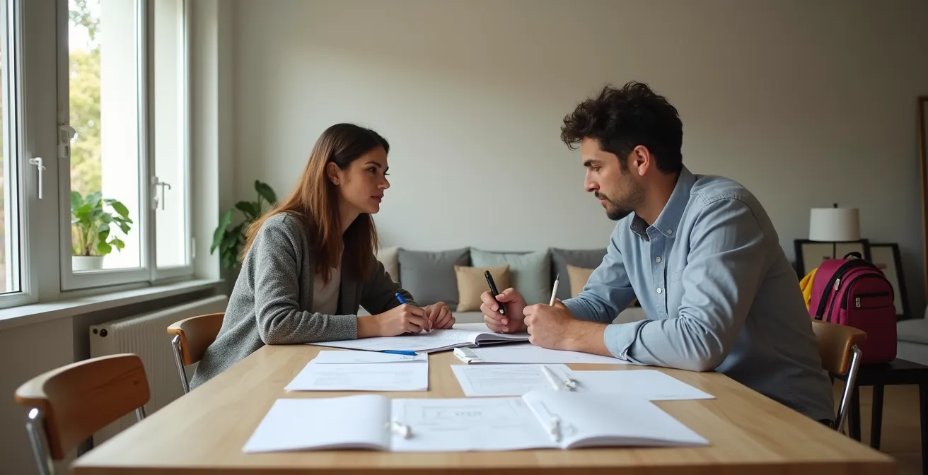 Parents consultant des documents de planification financière pour les études de leurs enfants