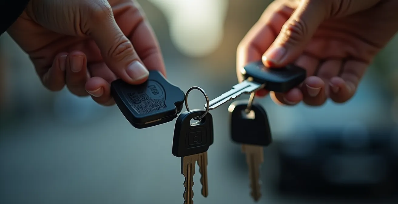Échange de clés de voiture entre amis illustrant le risque financier du prêt de véhicule