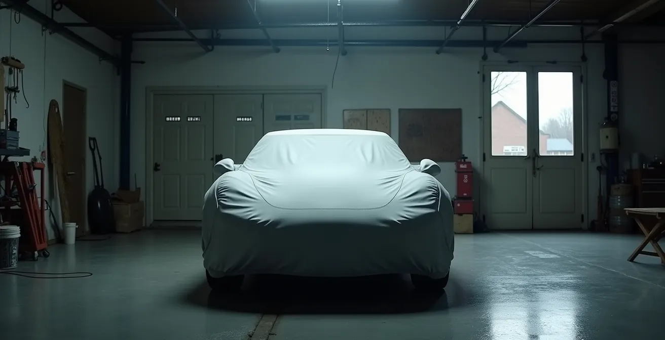 Voiture de collection sous housse de protection dans un garage privé