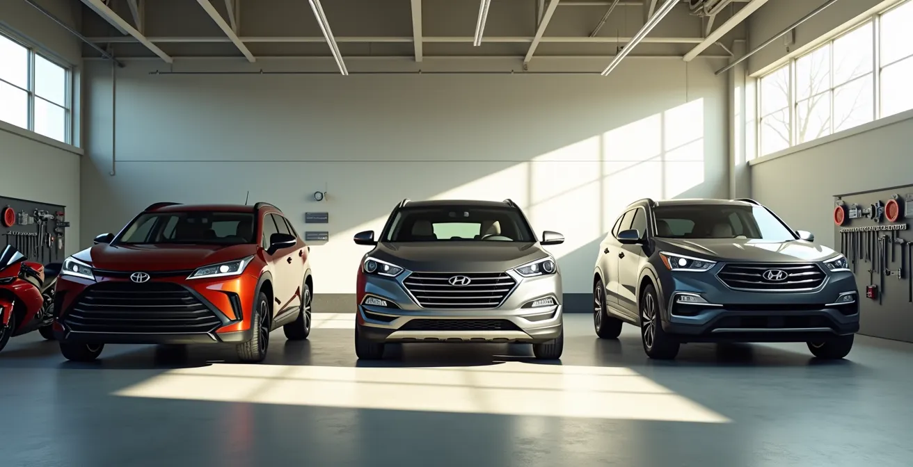 Garage familial moderne avec trois véhicules différents garés côte à côte dans un espace organisé