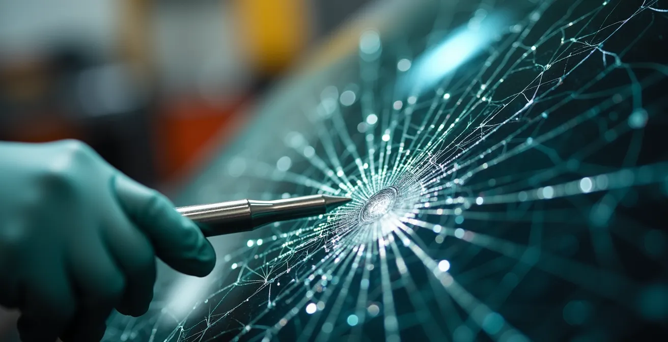 Gros plan sur un impact de pare-brise avec technicien évaluant la réparation possible