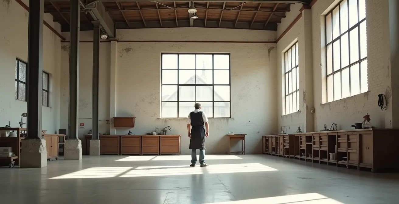 Artisan seul dans un grand atelier vide éclairé par la lumière naturelle d'une verrière, symbolisant la solitude de l'indépendant face aux aléas de la vie professionnelle