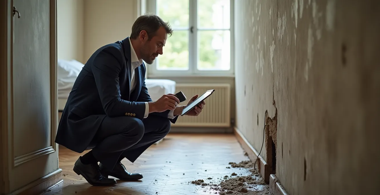 Expert évaluant les dégâts d'une inondation dans un appartement