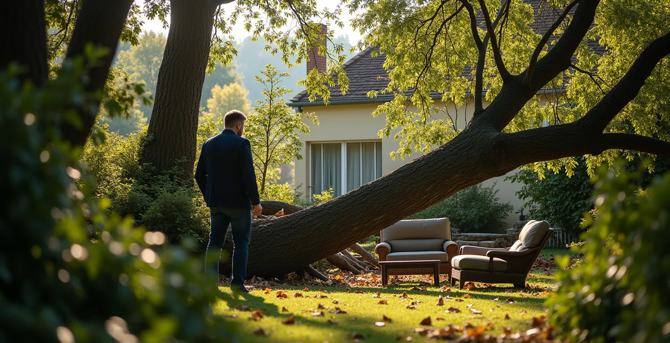 Jardin français après tempête avec arbre tombé sur mobilier de jardin endommagé
