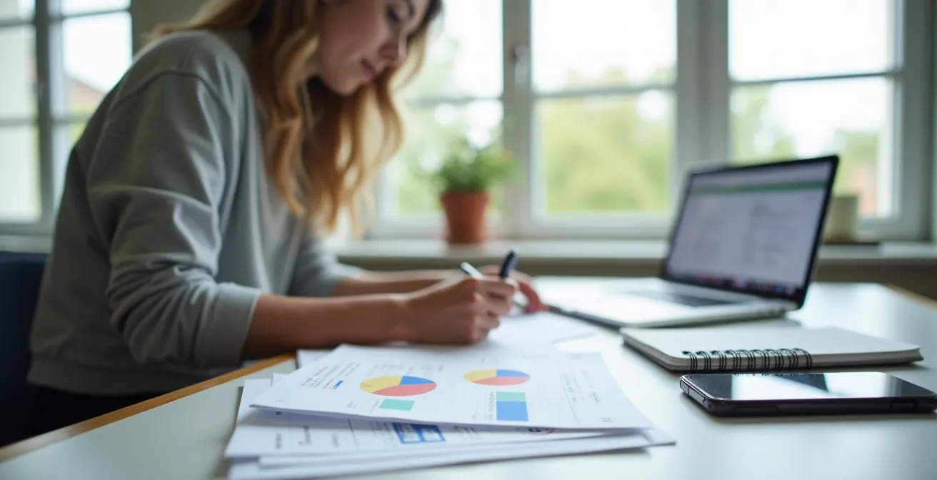 Jeune adulte organisant des documents d'assurance avec attestations sur bureau moderne