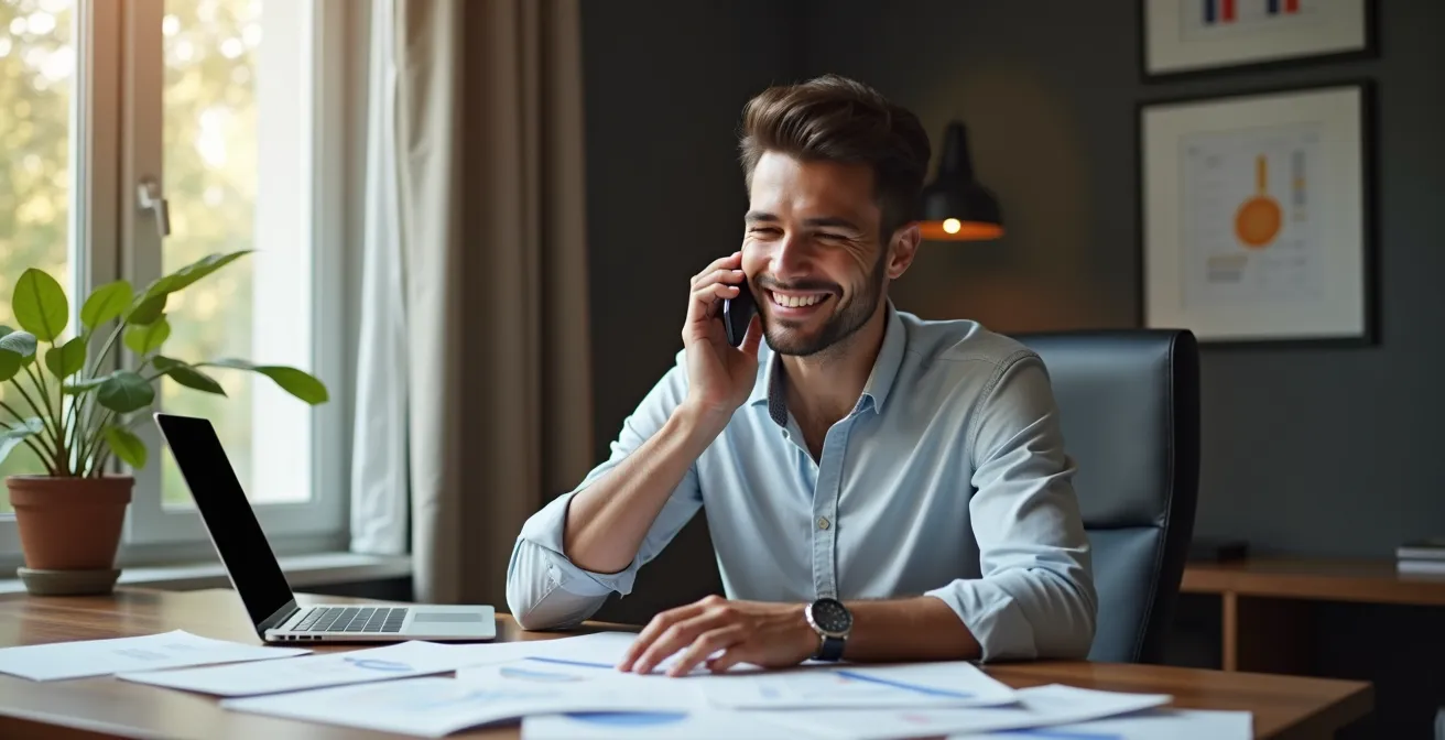 Personne au téléphone négociant avec son assureur dans un bureau lumineux