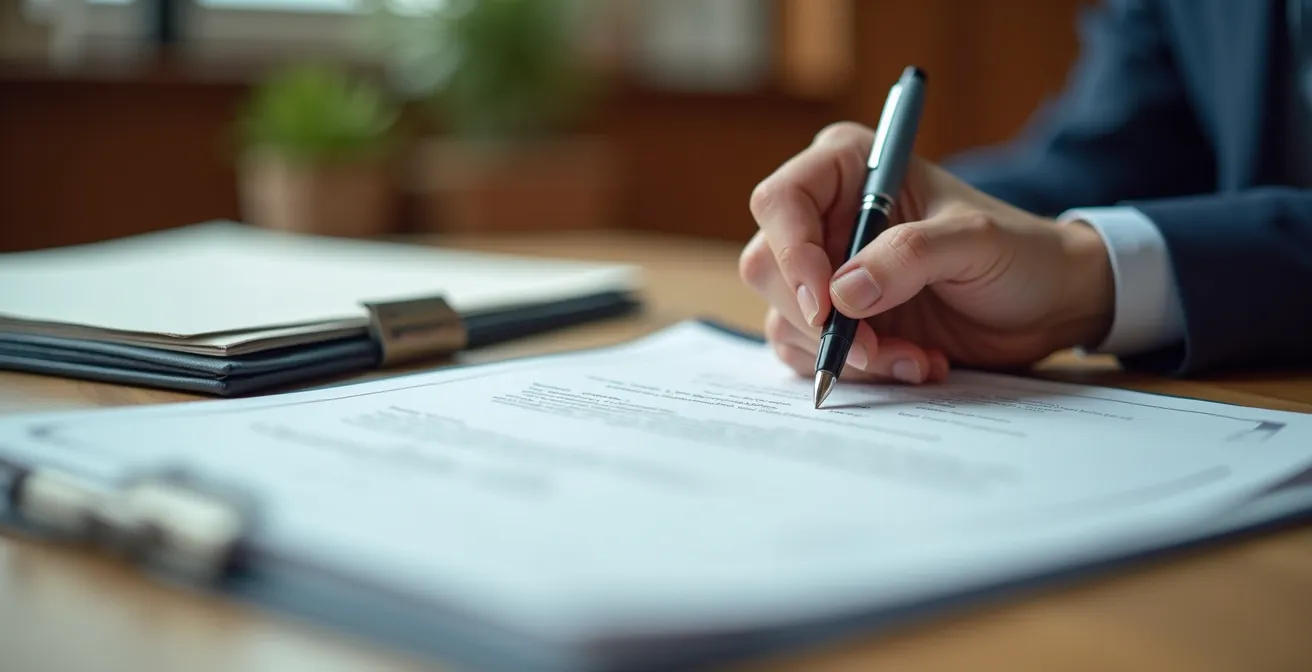 Gros plan sur des mains signant un document de portabilité avec certificat de travail en arrière-plan