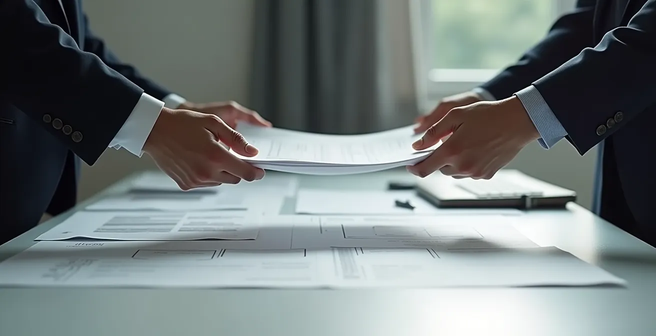 Deux mains échangeant des documents avec effet de transition fluide entre l'ancien et le nouveau