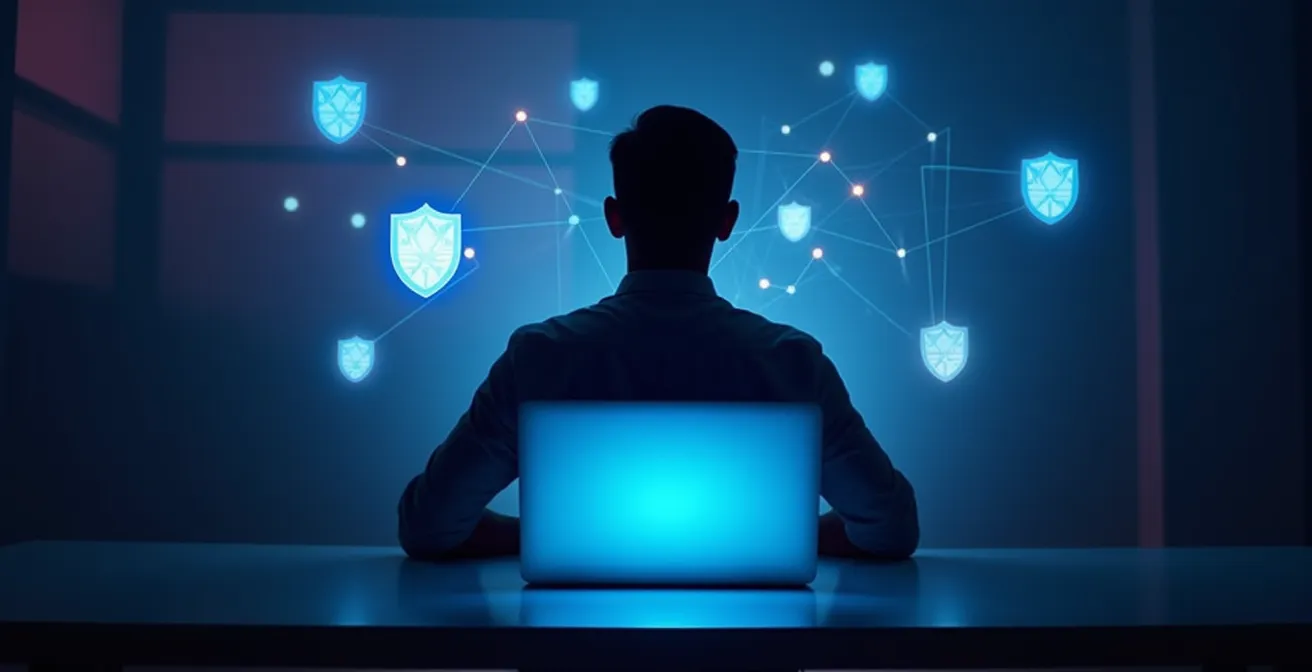 Personne utilisant un ordinateur avec représentation symbolique de la protection numérique
