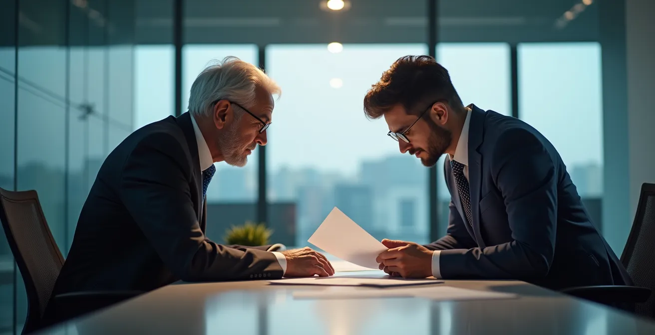 Dirigeant d'entreprise et successeur potentiel examinant ensemble des documents de continuité d'activité