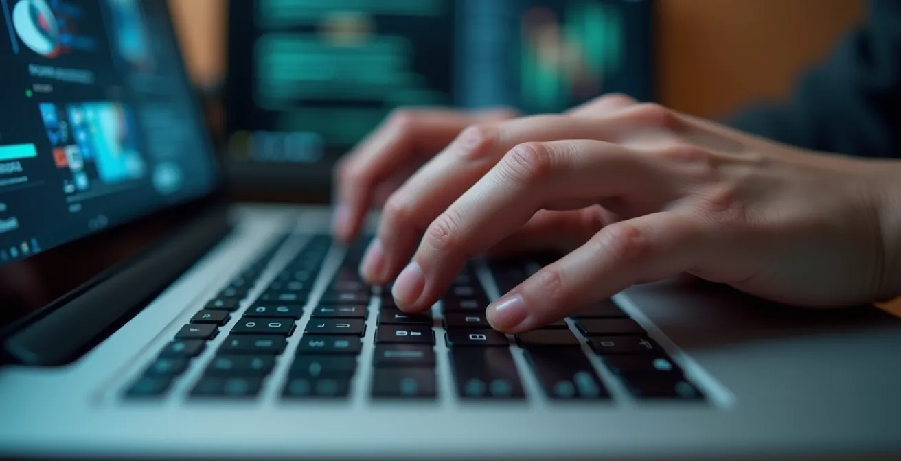Mains sur un clavier d'ordinateur portable avec des écrans floutés montrant des interfaces abstraites en arrière-plan