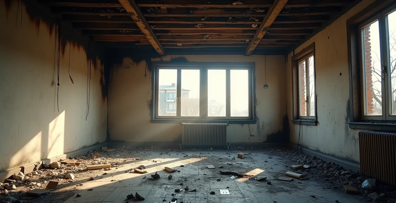 Appartement après incendie montrant l'ampleur des dégâts nécessitant une couverture RC locative