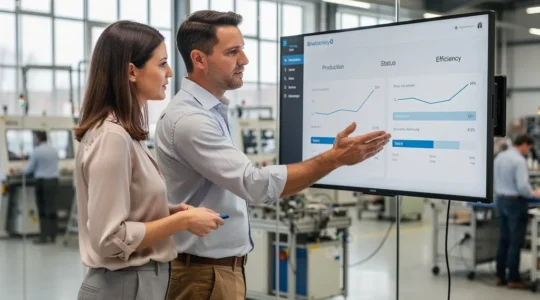 Responsable QSE échangeant avec collègue RH devant écran monitoring en environnement industriel