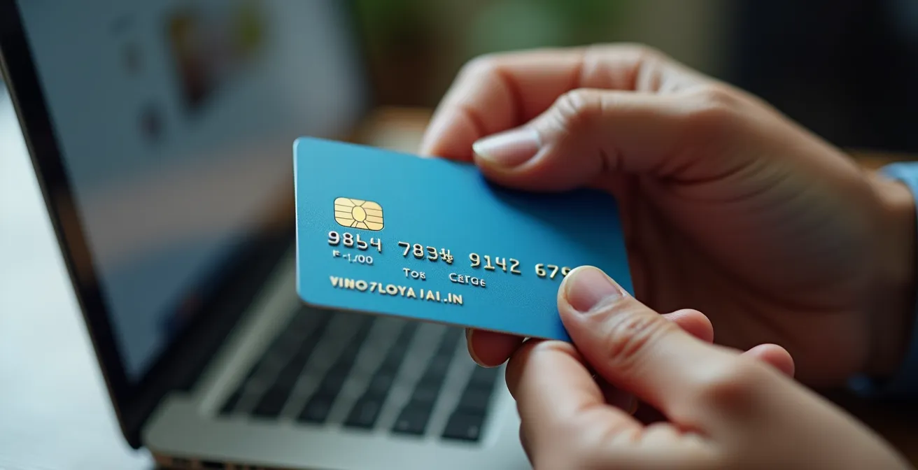 Mains tenant une carte bancaire avec un ordinateur portable flou en arrière-plan