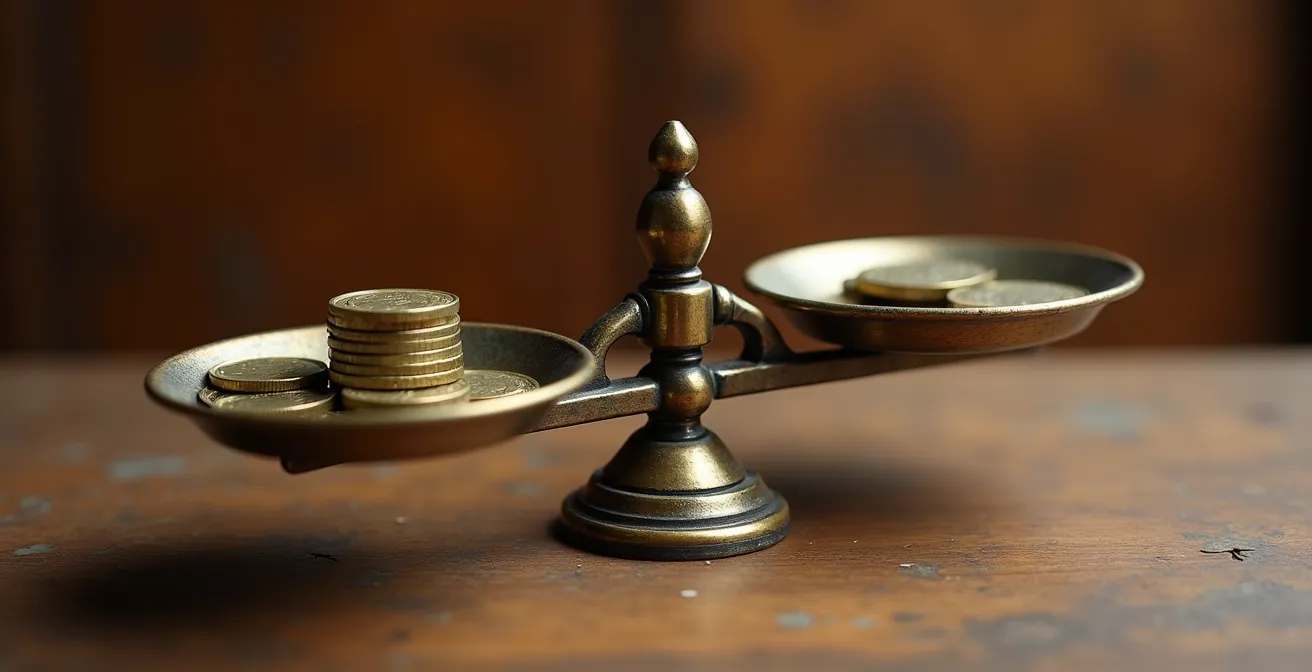 Gros plan macro sur une balance à plateaux en laiton posée sur un bureau en bois, un plateau bas chargé de pièces de monnaie et un plateau haut presque vide, illustrant le déséquilibre financier d'un arrêt maladie
