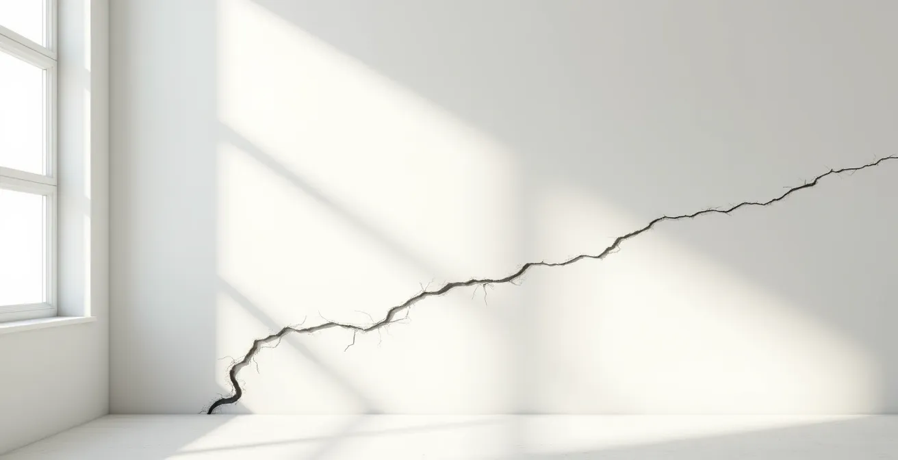 Gros plan sur une fissure murale avec témoin en plâtre installé pour surveillance