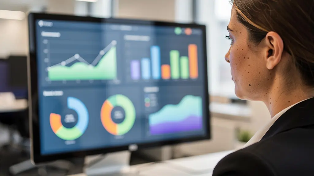 Professionnelle consultant un tableau de bord QSE avec indicateurs de performance sur écran