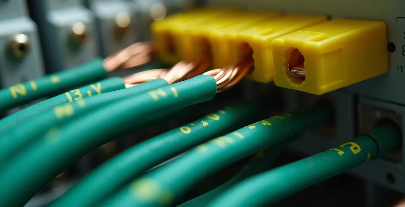 Gros plan sur tableau électrique avec câbles de mise à la terre verts et jaunes