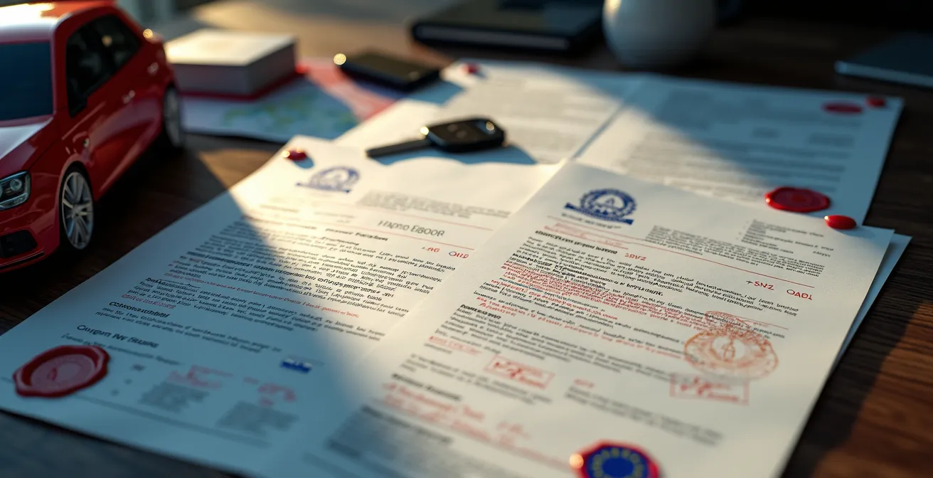 Documents administratifs pour l'importation d'un véhicule étalés sur un bureau avec tampons officiels flous