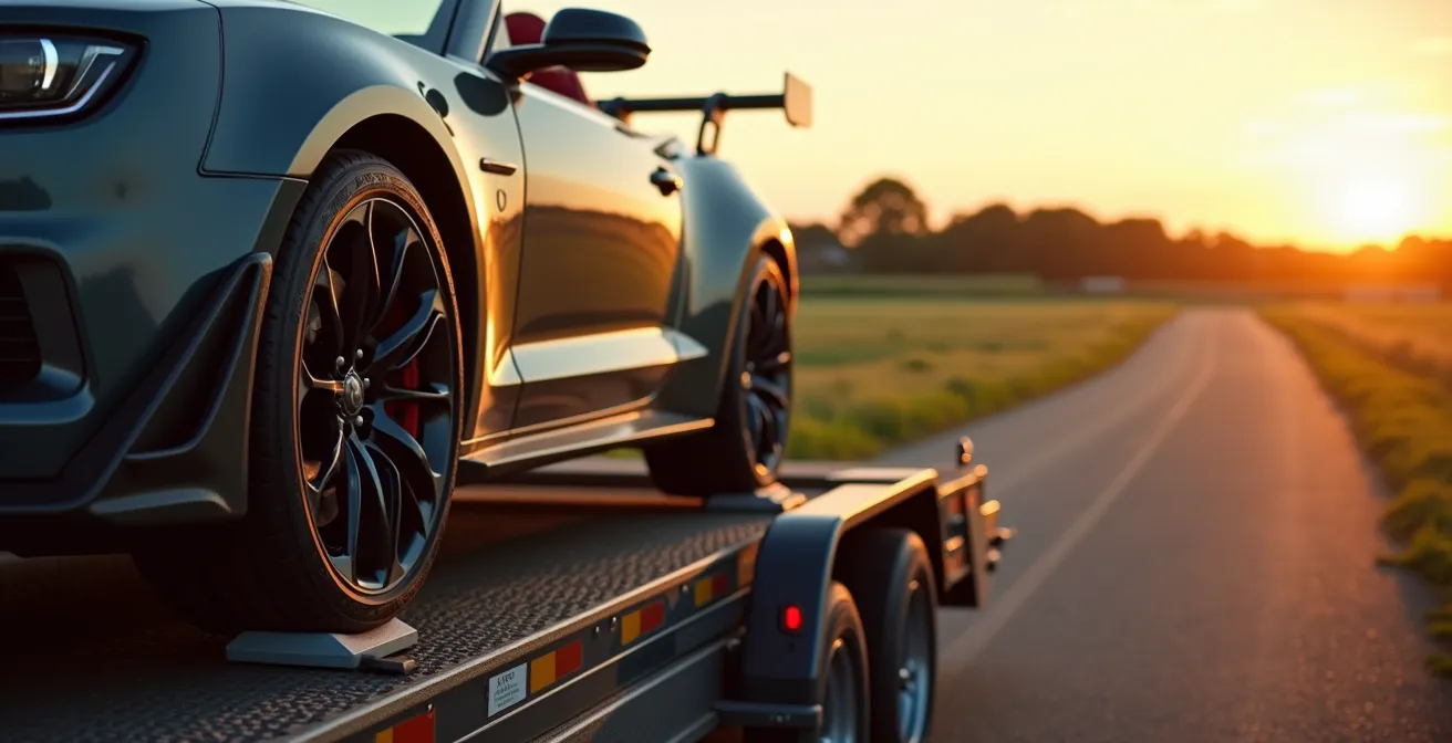 Vue latérale d'une voiture de sport chargée sur un plateau de transport