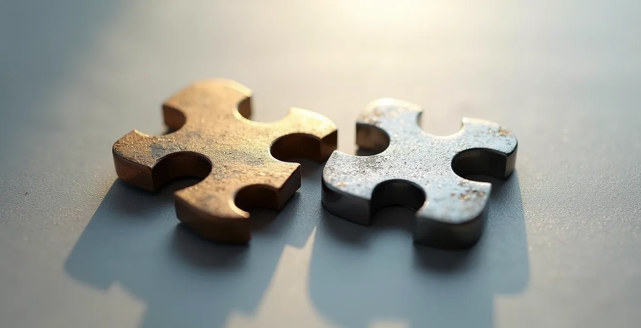 Représentation symbolique du démembrement entre usufruit et nue-propriété avec deux pièces de puzzle métalliques s'emboîtant parfaitement.
