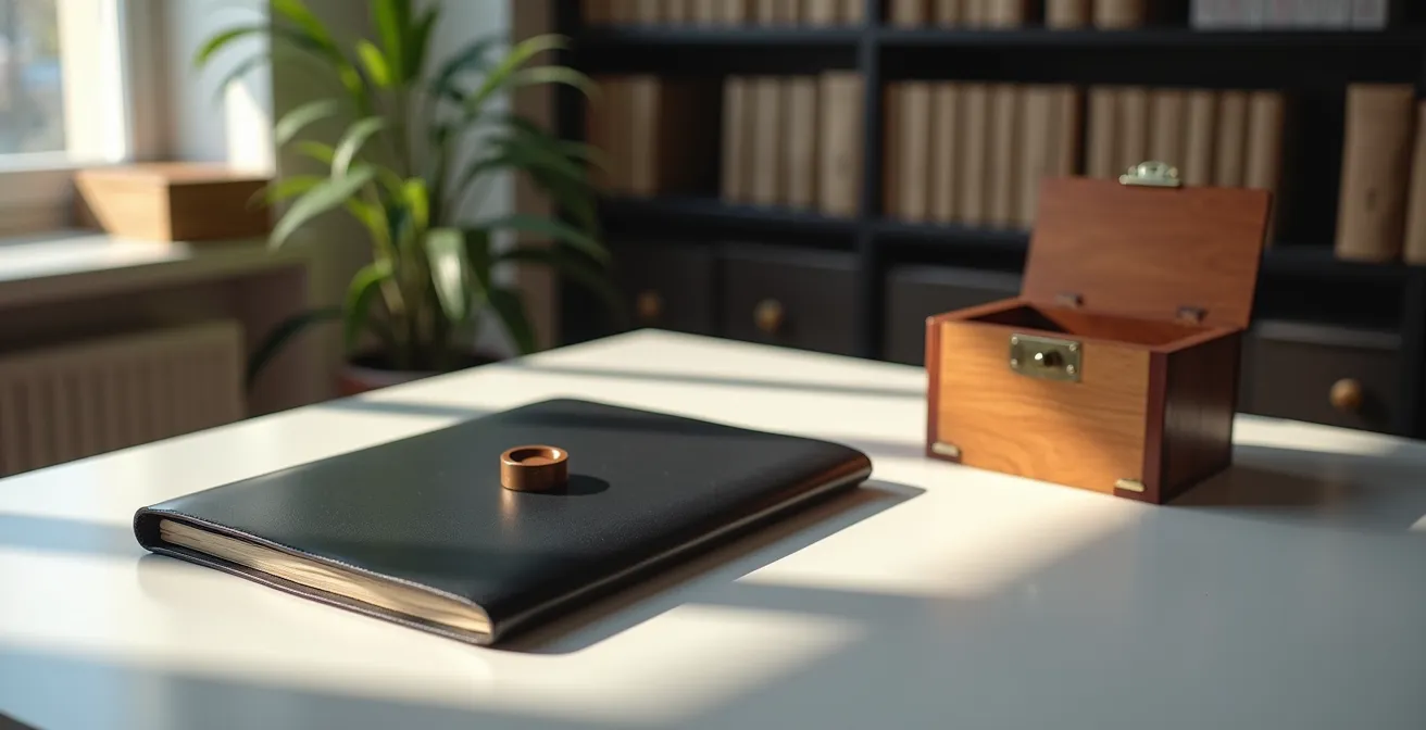 Bureau de notaire avec documents confidentiels et coffre-fort pour clause bénéficiaire