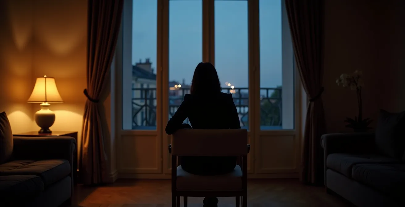 Silhouette d'une personne regardant par la fenêtre d'un salon au crépuscule, symbolisant la réflexion sur la protection financière de ses proches absents.